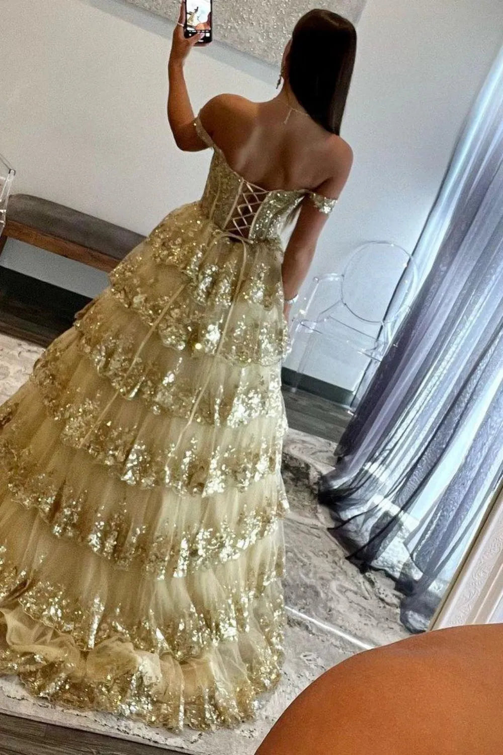 Wholesale Gorgeous Gold A-Line Off The Shoulder Lace Up Long Prom Dress with Sequin long prom dresses with sleeves